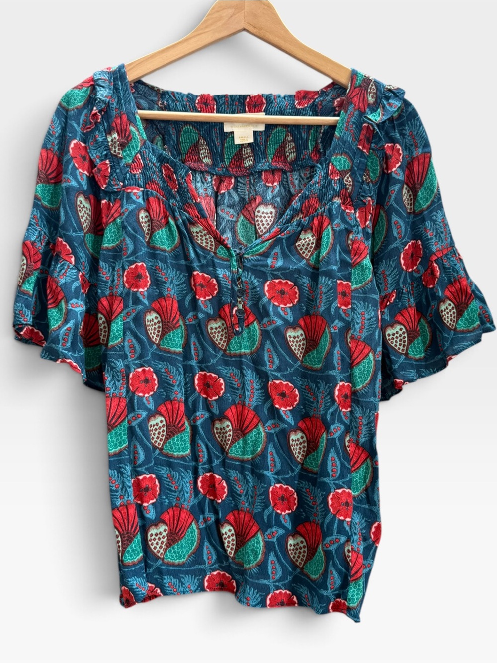 Maeve Anthropologie Floral Print Ruffle Sleeve Top S